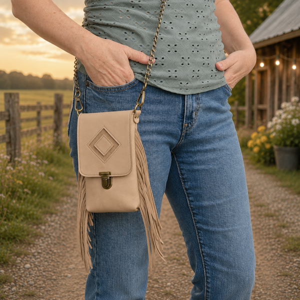 Leather Fringe Phone Purse - Cream