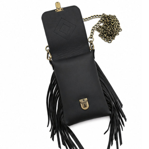 Leather Fringe Phone Purse - Midnight Black