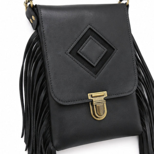 Leather Fringe Phone Purse - Midnight Black