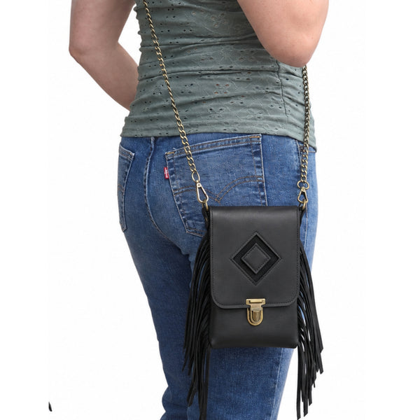 Leather Fringe Phone Purse - Midnight Black