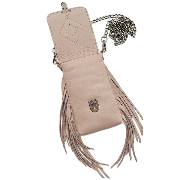 Leather Fringe Phone Purse - Cream
