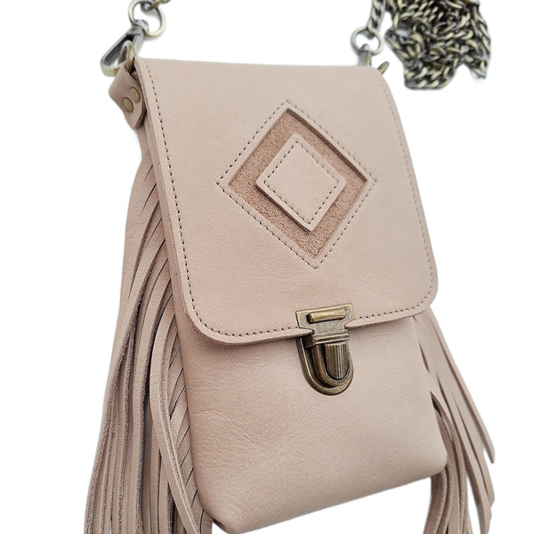 Leather Fringe Phone Purse - Cream