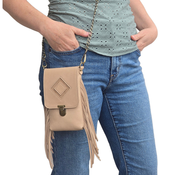 Leather Fringe Phone Purse - Cream