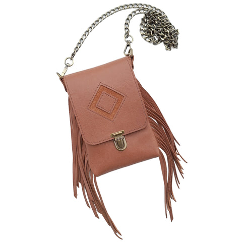 Leather Fringe Phone Purse - Caramel