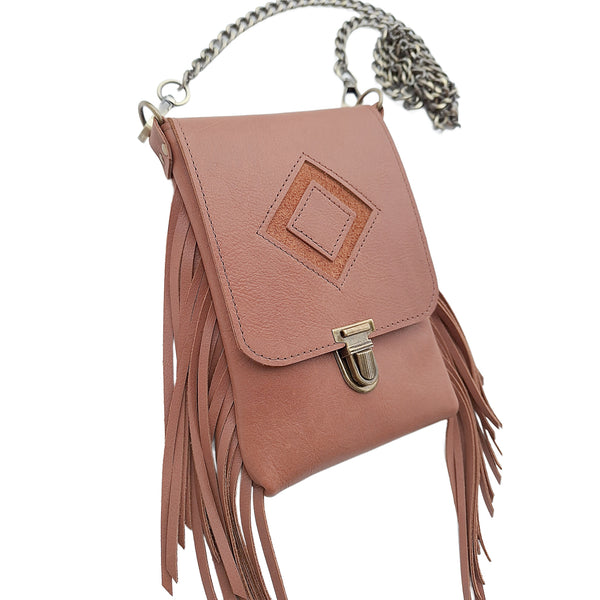 Leather Fringe Phone Purse - Caramel