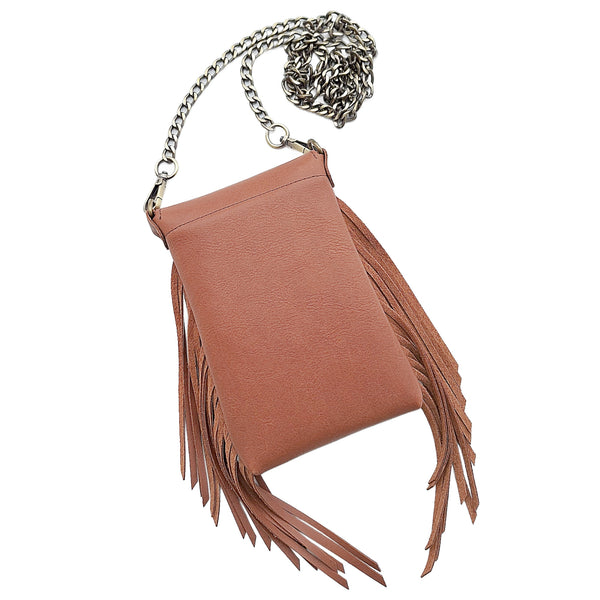 Leather Fringe Phone Purse - Caramel
